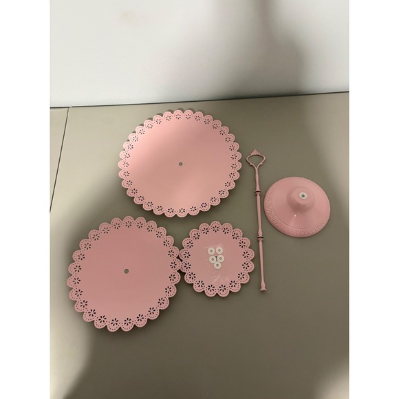 Pink 3 Tier Metal Cupcake Stand Eyelet Lace Scalloped Edge Dessert Tower 16in - Picture 8 of 9